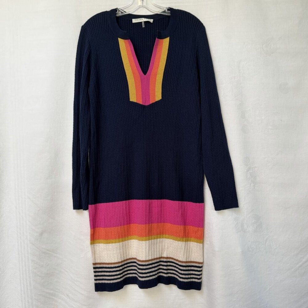 Trina Turk Camp Striped Sheath Sweater Dress Womens Large Color Block‎ Wool Knit